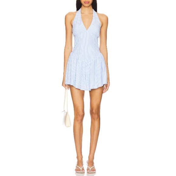 New MORE TO COME REVOLVE Women's Baby Blue Stripe Halterneck Mini Dress Size L - Picture 1 of 8